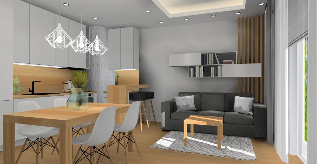 Projekt mieszkania - salon z kuchnia w stylu nowoczesnym, skandynawskim